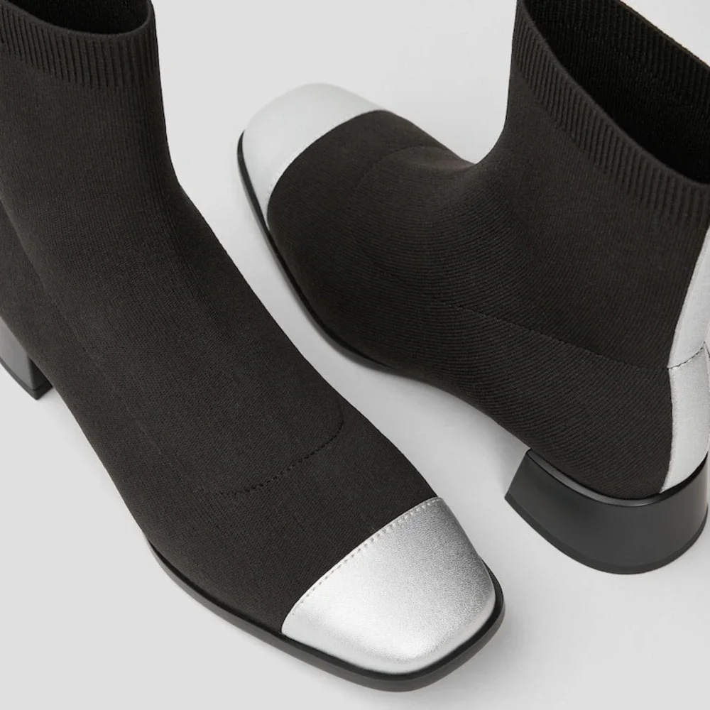 VIVIAIA Sock Boots Black Silver Cap‎ Toe Block Heel Knit Ankle Women Size 7.5